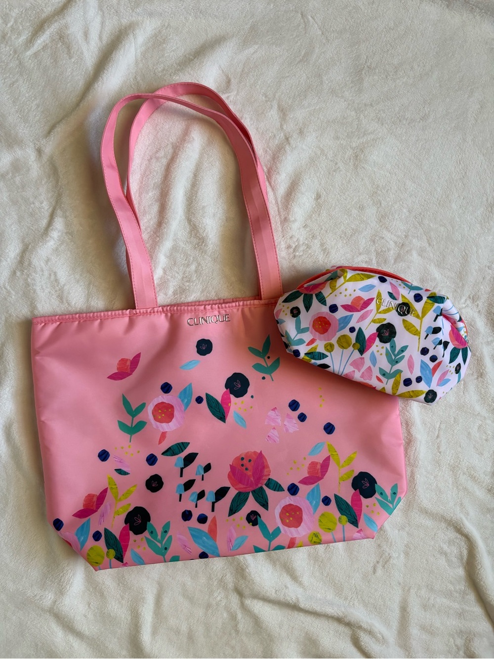 Clinique Pink Floral Tote Bag and Matching Cosmetic Pouch
